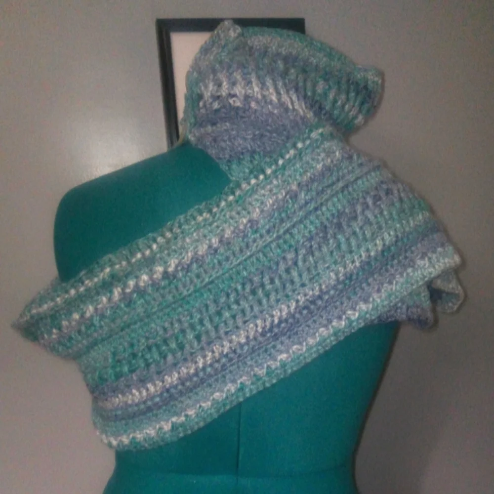Handcrafted Crochet Textured Blues Multiwear Scarf NEW